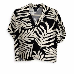 RACHEL Linen Blend  Boxy Blouse Top Size M Black Cream Casual Leaf Print Mobwife